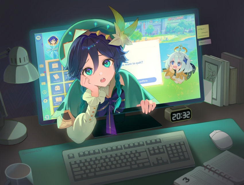 1boy, 1girl, absurdres, androgynous, aqua_eyes, aqua_hair, artist_name, beret