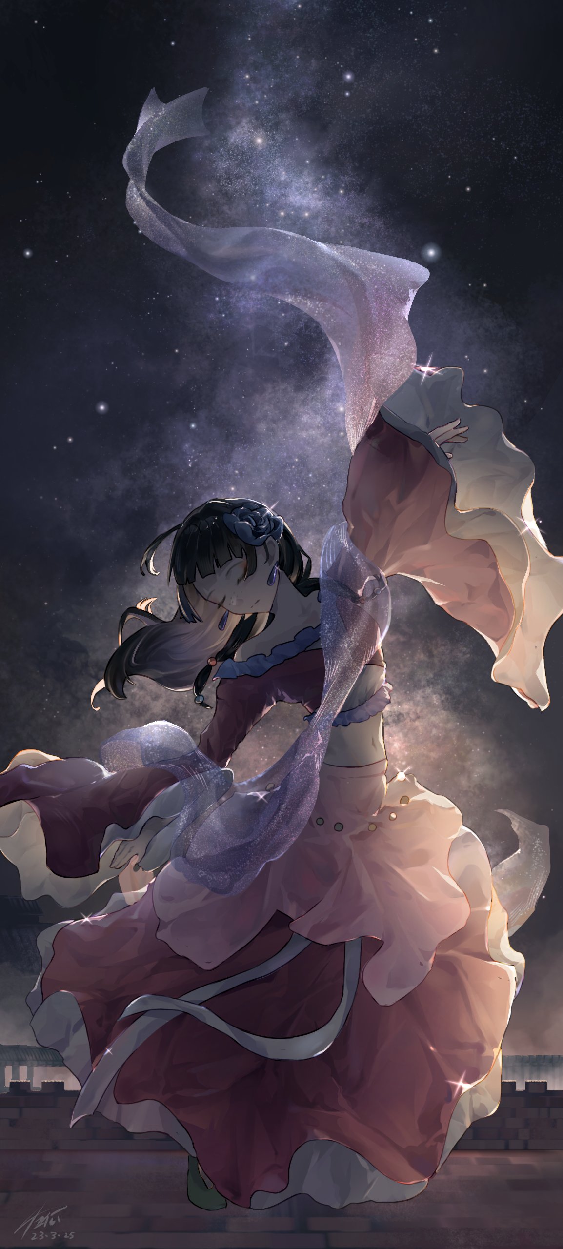 1girl, absurdres, arm_up, bare_shoulders, blue_flower, blunt_bangs, chinese_clothes, closed_eyes