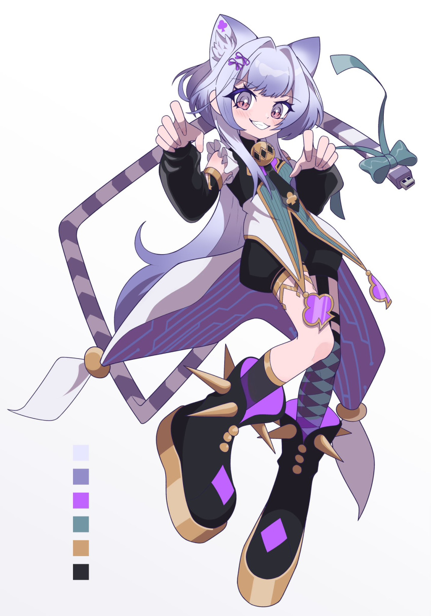 1girl, animal_ear_fluff, animal_ears, asymmetrical_legwear, bell, blush, boots, cat_ears