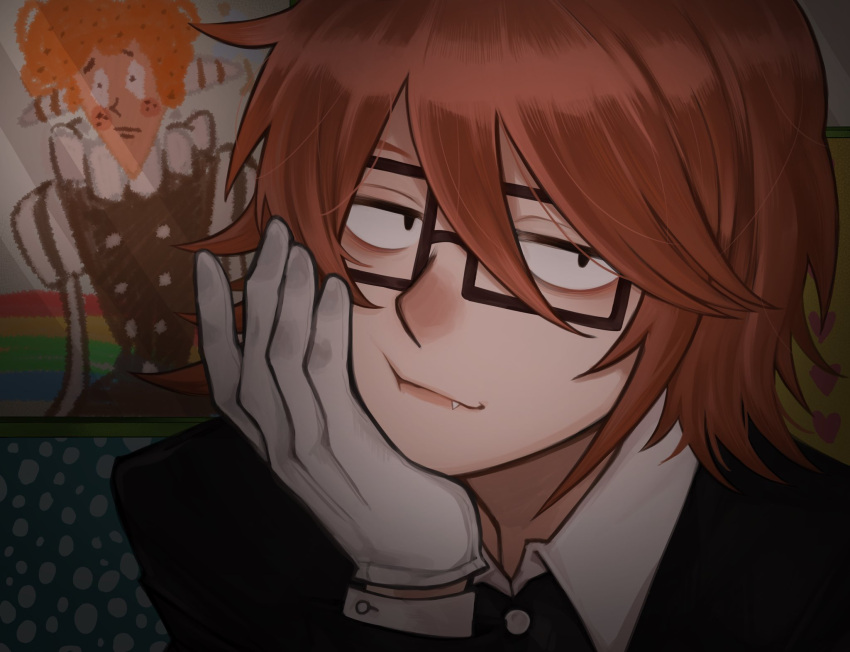 1boy, black-framed_eyewear, black_eyes, black_jacket, brown_hair, dallha_sr7, fang, glasses