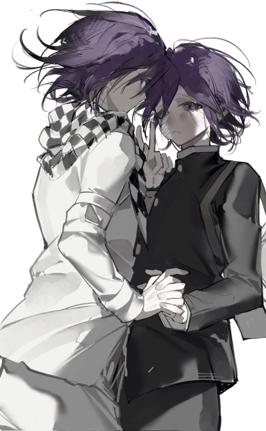 2boys, :<, bandaid, bandaid_on_cheek, bandaid_on_face, buttons, checkered_clothes, checkered_scarf