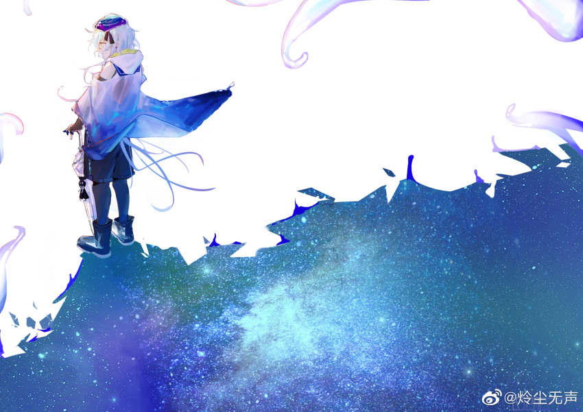 1boy, arknights, back_turned, blue_hair, blue_hat, blue_jacket, blue_shorts, boots, chinese_commentary, commentary_request, hat, highres, holding, holding_umbrella, jacket, jellyfish_boy, lingchenws, looking_to_the_side, mizuki_(arknights), rubber_boots, see-through_clothes, see-through_jacket, shorts, tentacles, umbrella, watermark, weibo_username, weibo_watermark