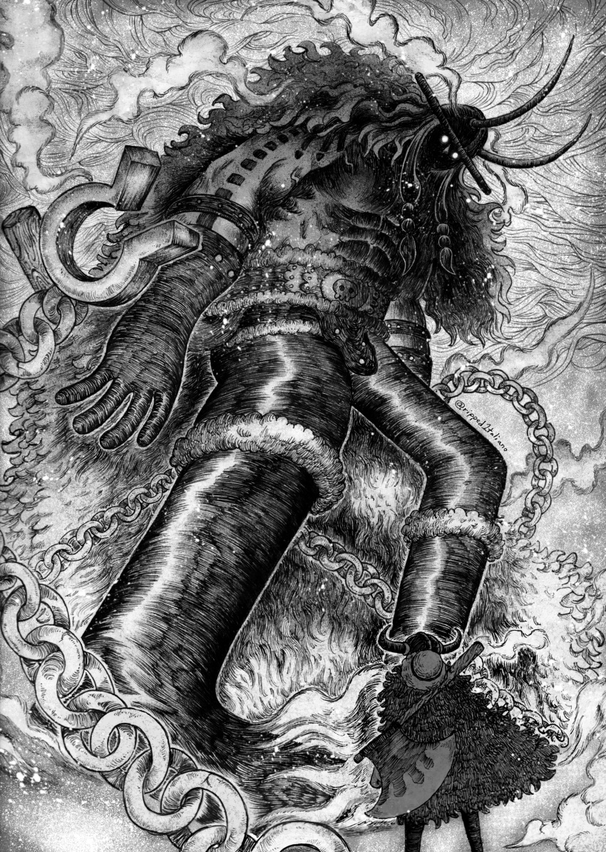 2boys, absurdres, arm_tattoo, axe, battle_axe, black_boots, black_gloves, boots