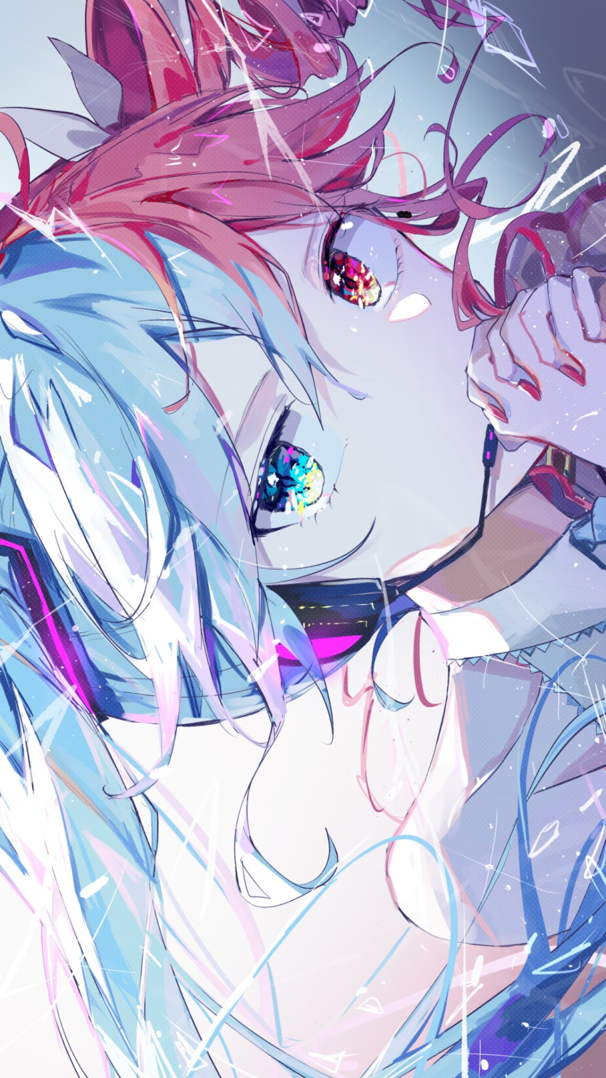 1girl, ai_no_uta_(synthesizer), blue_eyes, blue_hair, bow, drill_hair, fingernails, from_side