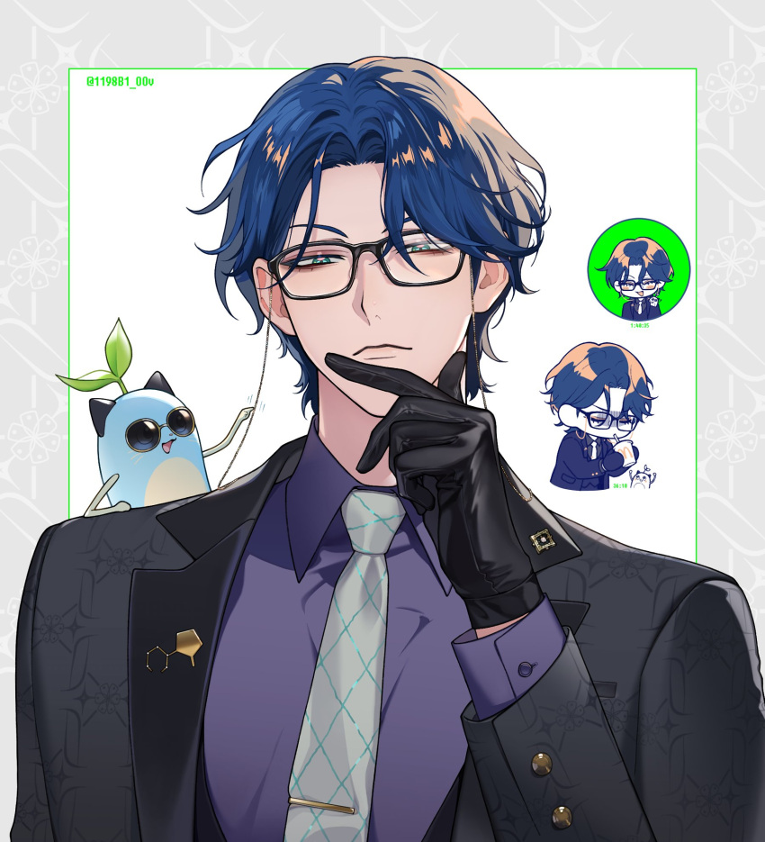 1198b1_oov, 1boy, animal_on_shoulder, aqua_eyes, black_gloves, black_jacket, black_vest, blue_hair, blue_shirt, chibi, chibi_inset, collared_shirt, cup, disposable_cup, drinking_straw, eyewear_strap, gloves, grey_necktie, hand_up, hashtag-only_commentary, highres, holding, holding_cup, jacket, lapel_pin, leos_vincent, leos_vincent_(3rd_costume), male_focus, mameneko_(leos_vincent), necktie, nijisanji, open_clothes, open_jacket, shirt, short_hair, sunglasses, twitter_username, upper_body, vest, virtual_youtuber