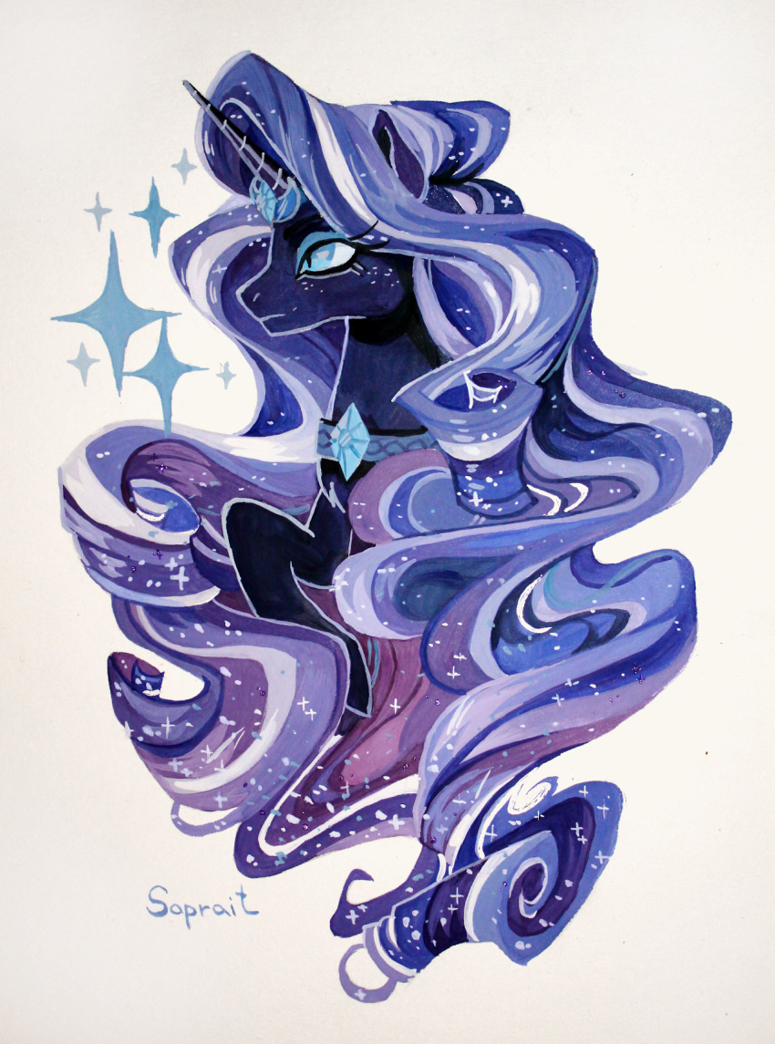 animal, dark_persona, highres, horns, horse, long_hair, multicolored_hair, my_little_pony, my_little_pony:_friendship_is_magic, nightmare_rarity, purple_hair, rarity_(my_little_pony), sapraitlond, single_horn, slit_pupils, solo, sparkle, streaked_hair, two-tone_hair, unicorn, very_long_hair, white_hair