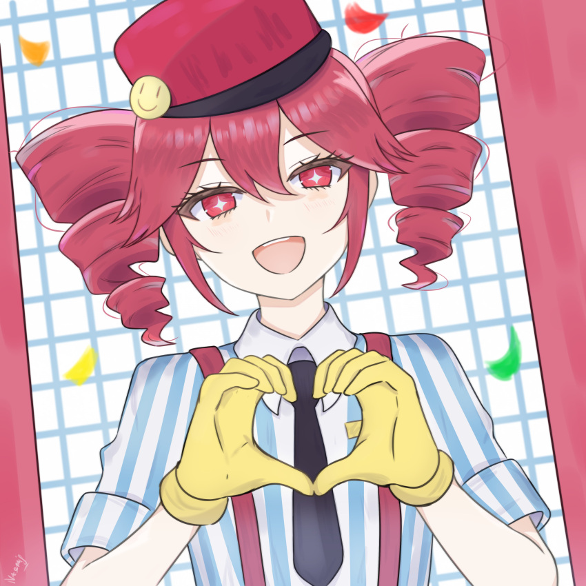 1girl, absurdres, black_necktie, collared_shirt, confetti, double-parted_bangs, drill_hair, gloves