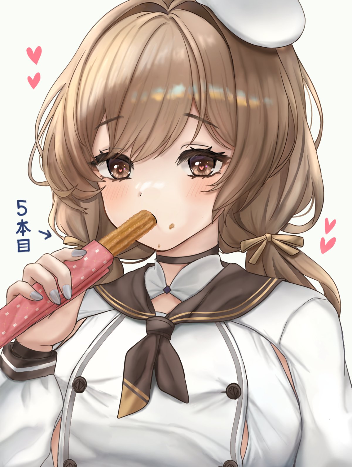1girl, bready_(nikke), breasts, brown_eyes, brown_hair, brown_neckerchief, chef_hat, churro, eating, goddess_of_victory:_nikke, hat, heart, heart-shaped_pupils, highres, holding_churro, large_breasts, low_twintails, neckerchief, plump, simple_background, sunameri_(pixiv3564245), symbol-shaped_pupils, twintails, white_background