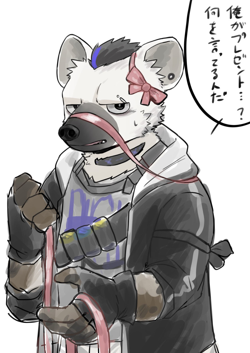 1boy, arknights, armband, black_hair, black_jacket, bow, commentary_request, ear_piercing