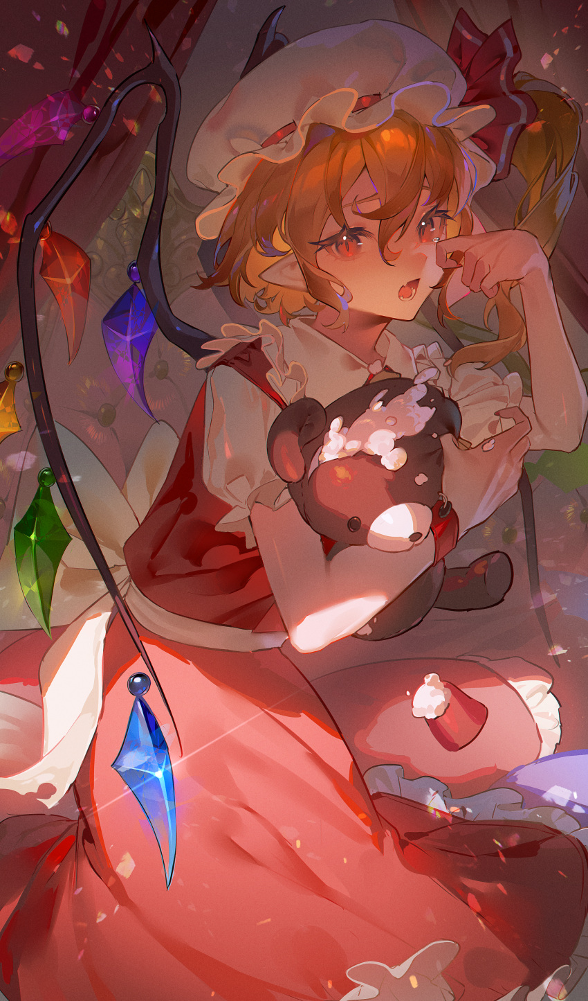 1girl, absurdres, back_bow, blonde_hair, bow, broken_stuffed_toy, collared_shirt, commentary