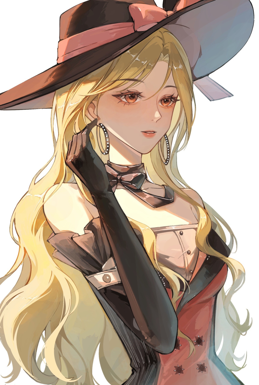 1girl, absurdres, arm_belt, bare_shoulders, belt, black_bow, black_bowtie, black_choker, black_dress, black_gloves, black_hat, blonde_hair, bow, bow_choker, bowtie, brown_eyes, buttons, choker, dream_in_glimpses_(infinity_nikki), dress, earrings, elbow_gloves, expressionless, eyelashes, frilled_gloves, frills, gloves, grey_shirt, hand_on_own_ear, hat, hat_bow, highres, hoop_earrings, hui_mouren, infinity_nikki, jewelry, lipstick, long_hair, looking_ahead, makeup, nikki_(series), nostrils, parted_lips, pink_bow, pink_dress, pink_lips, pinstripe_dress, pinstripe_pattern, pointy_nose, shirt, shirt_under_dress, sidelocks, simple_background, solo, standing, strapless, strapless_dress, strapless_shirt, sun_hat, tinted_eyewear, two-tone_dress, upper_body, very_long_hair, wavy_hair, white_background, white_belt