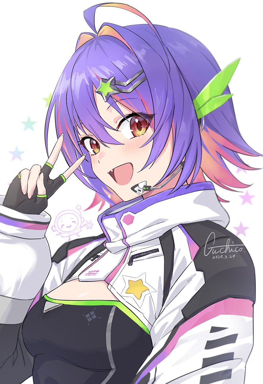 1girl, ahoge, black_gloves, cleavage_cutout, clothing_cutout, colored_inner_hair, earpiece, fang