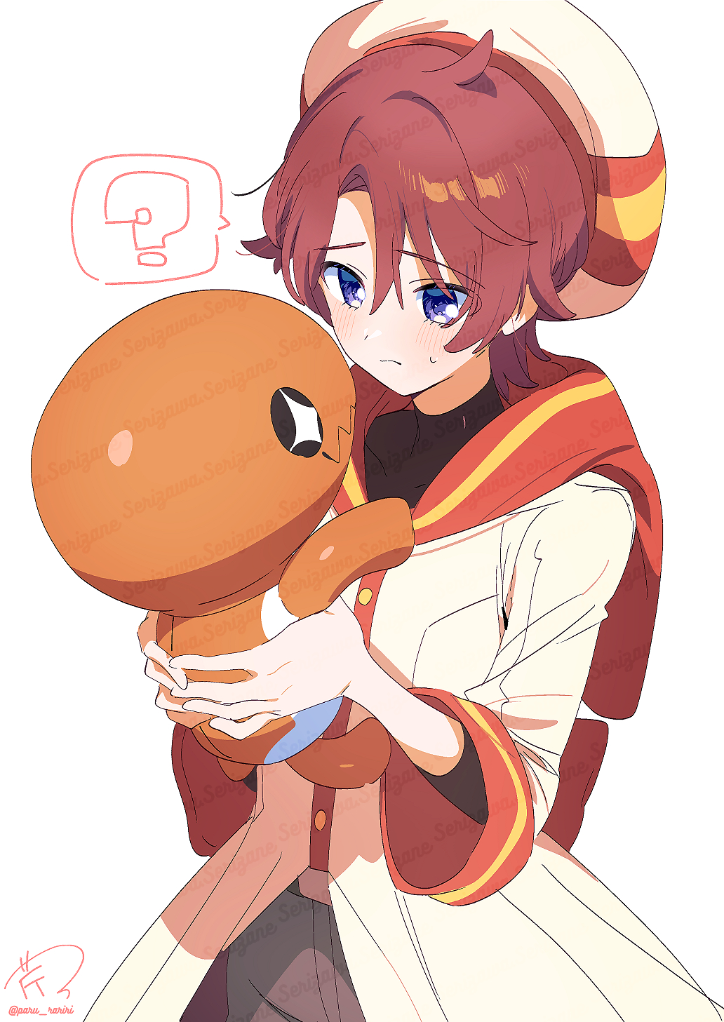 +_+, 1boy, ?, beret, black_shirt, character_request, closed_mouth, commentary_request