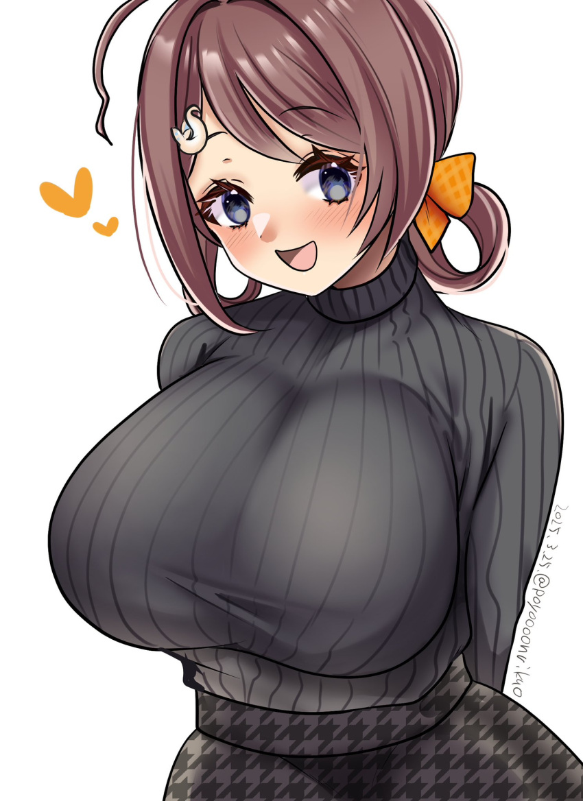 1girl, ahoge, blush, braid, braided_hair_rings, breasts, brown_hair, chougei_(kancolle), grey_eyes, grey_sweater, hair_ornament, hair_rings, hairclip, heart, highres, kantai_collection, large_breasts, long_hair, long_sleeves, looking_at_viewer, open_mouth, poyo_teitoku, ribbed_sweater, skirt, smile, solo, sweater, twin_braids, upper_body, white_background