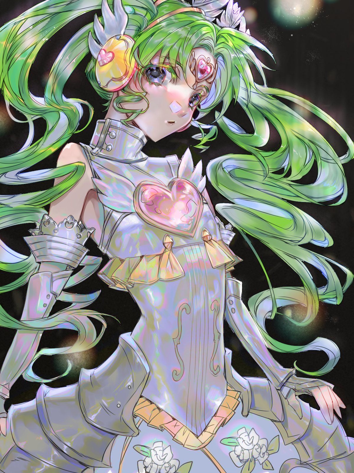 1girl, adapted_costume, armor, armored_dress, bare_shoulders, colored_eyelashes, commentary, detached_sleeves