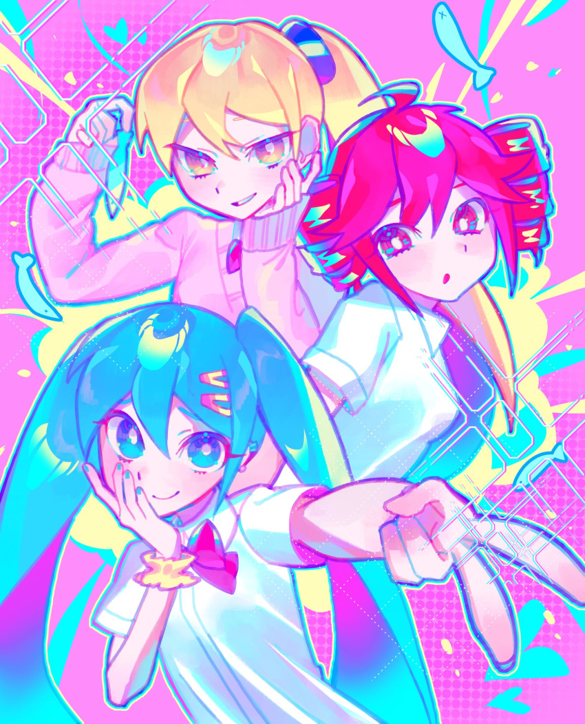 3girls, ahoge, akita_neru, animal, blonde_hair, blue_eyes, blue_hair, blue_nails