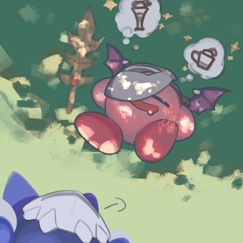 blush, closed_eyes, copy_ability, cup, dreaming, drooling, glass, grass, green_background, highres, kirby, kirby_(series), kirby_and_the_forgotten_land, looking_at_another, mask, meta_knight, meta_knight_mask, meta_knight_sword_kirby, n4_sukihoudai, on_grass, open_mouth, saliva, shadow, sleeping, sword, sword_kirby, tagme, twitter_username, weapon