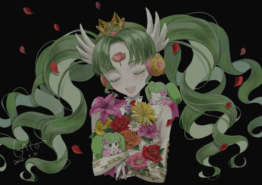 3girls, black_background, bouquet, closed_eyes, colored_eyelashes, crown, dated, falulu