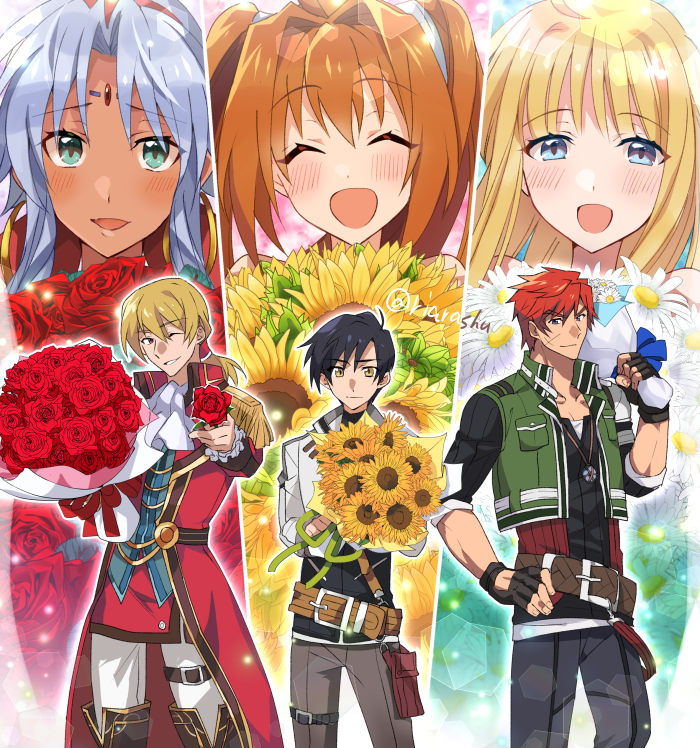 3boys, 3girls, ^_^, agate_crosner, aqua_eyes, black_hair, blonde_hair, blue_eyes
