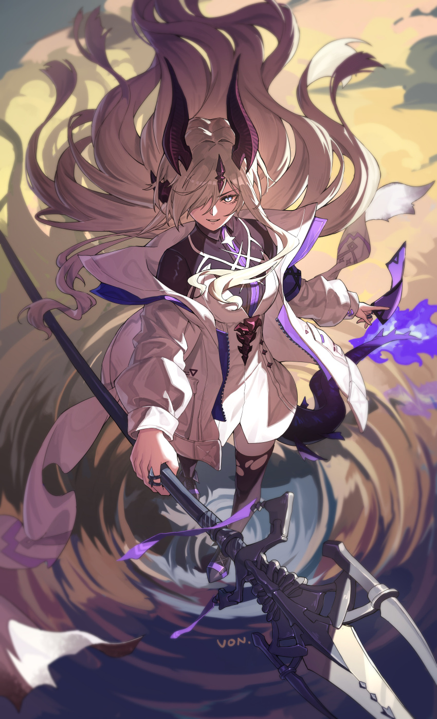 1girl, absurdres, arknights, black_horns, black_shirt, black_tail, black_thighhighs, blonde_hair
