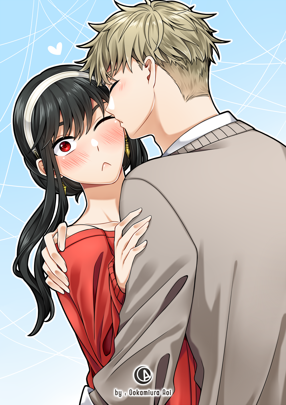 1boy, 1girl, :<, artist_logo, artist_name, black_hair, blonde_hair, blush