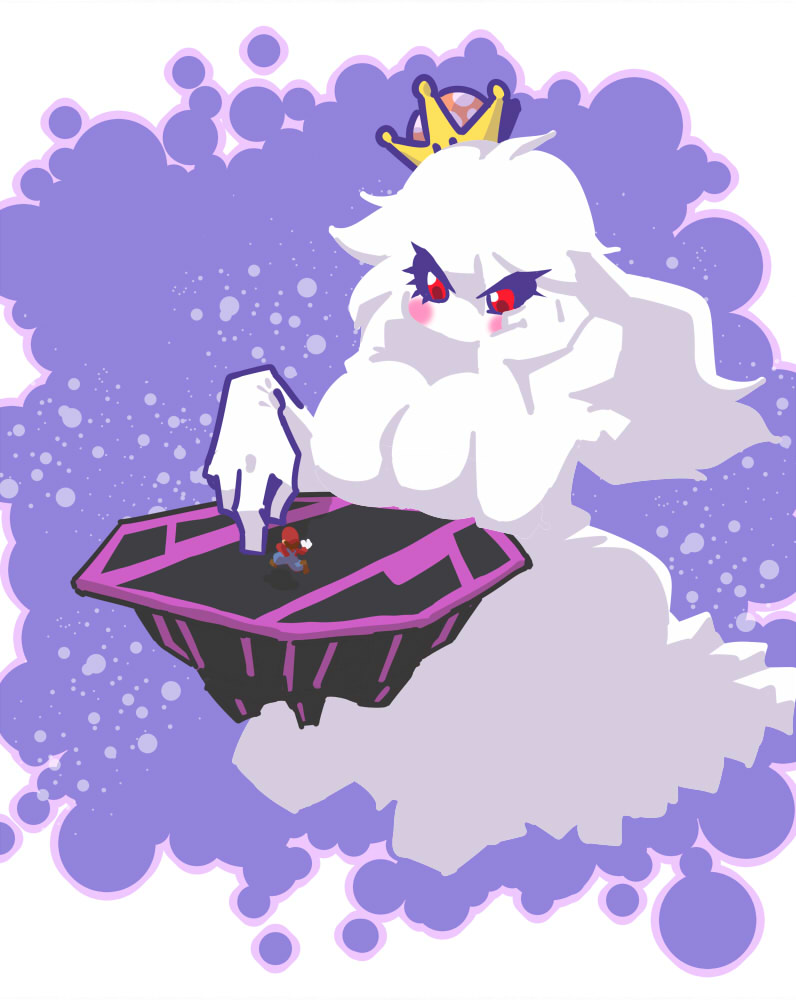 1boy, 1girl, blush_stickers, breasts, commentary_request, crown, final_destination_(smash_bros), ghost