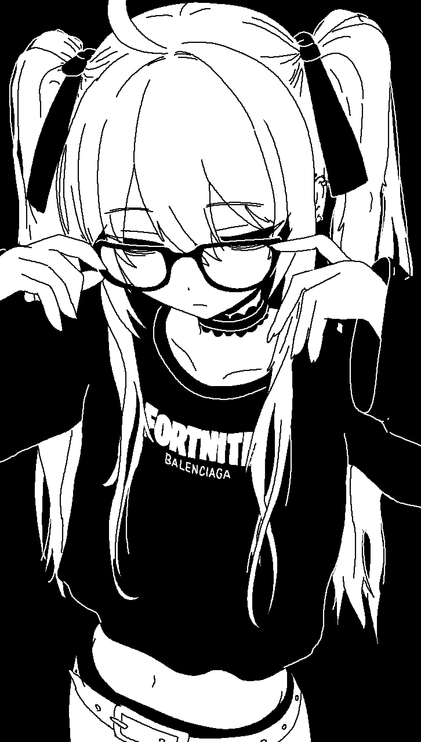 1girl, absurdres, adjusting_eyewear, bags_under_eyes, balenciaga, belt, black_background, choker, clothes_writing, collarbone, crop_top, cropped_shirt, earclip, earrings, english_text, fortnite, glasses, hair_ribbon, hatsune_miku, highres, jewelry, long_hair, monochrome, multiple_earrings, navel, puriririririri, ribbon, shirt, sidelocks, solo, t-shirt, twintails, vocaloid