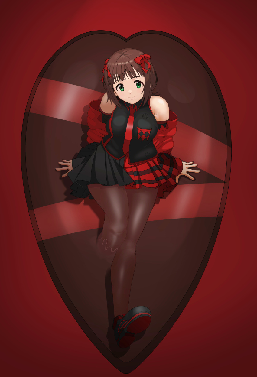 1girl, amami_haruka, arm_support, armpit_crease, bare_shoulders, black_shirt, black_shoes, black_skirt