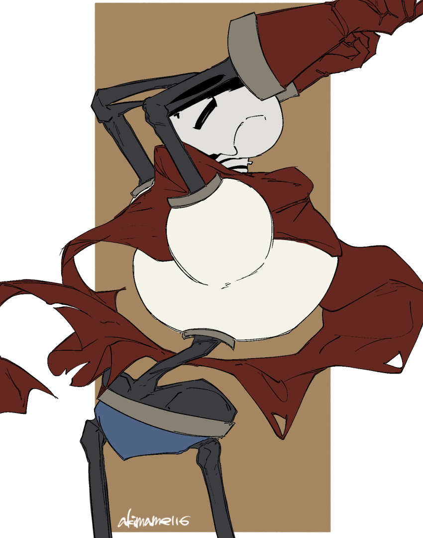 1boy, 2022, 2d, akimame116, armor, arms_up, artist_name, back, blue_shorts, cape, covered_mouth, cowboy_shot, digital_media, gloves, highres, humanoid, male, male_focus, male_only, monster, monster_boy, papyrus_(undertale), red_cape, red_gloves, shorts, simple_background, skeleton, solo, twitter_username, two-tone_background, undead, undertale, utdr_(toby_fox), white_armor