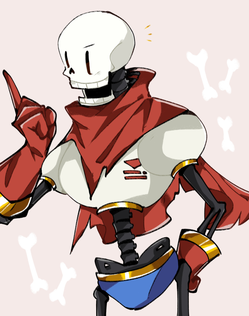 1boy, 2022, 2d, akimame116, armor, blue_shorts, cape, cowboy_shot, digital_media, gloves, grey_background, hand_on_own_hip, highres, humanoid, index_finger_raised, male, male_focus, male_only, monster, monster_boy, notice_lines, open_mouth, papyrus_(undertale), red_cape, red_gloves, shorts, simple_background, skeleton, solo, teeth, undead, undertale, utdr_(toby_fox), white_armor