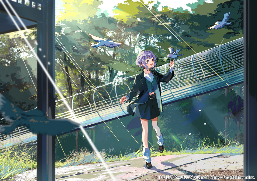 1girl, :d, absurdres, aoyama_wasabi, bird, bird_on_hand, black_jacket, black_skirt
