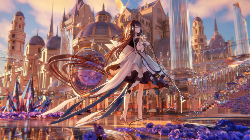 1girl, ahoge, architecture, arknights, arm_warmers, astesia_(arknights), astesia_(frlibe_on_the_palace)_(arknights), blue_eyes