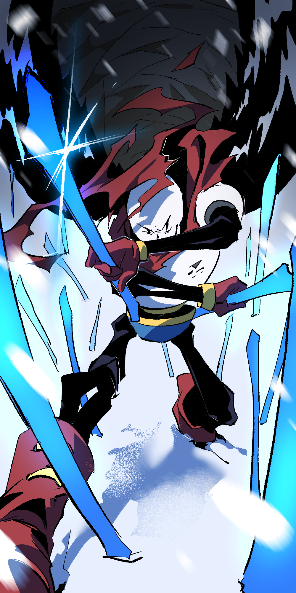 1boy, armor, black_eyes, boots, fighting_stance, gloves, highres, holding, holding_weapon, male_focus, papyrus_(undertale), red_boots, red_gloves, red_scarf, scarf, skeleton, snowing, solo, undertale, wakana_kuraguchi, weapon, white_armor