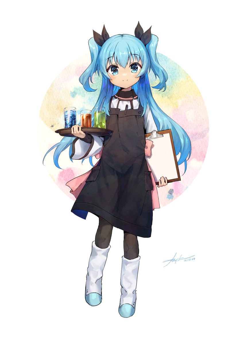 1girl, absurdres, ap04astral, apron, black_apron, black_bow, black_pantyhose, blue_eyes