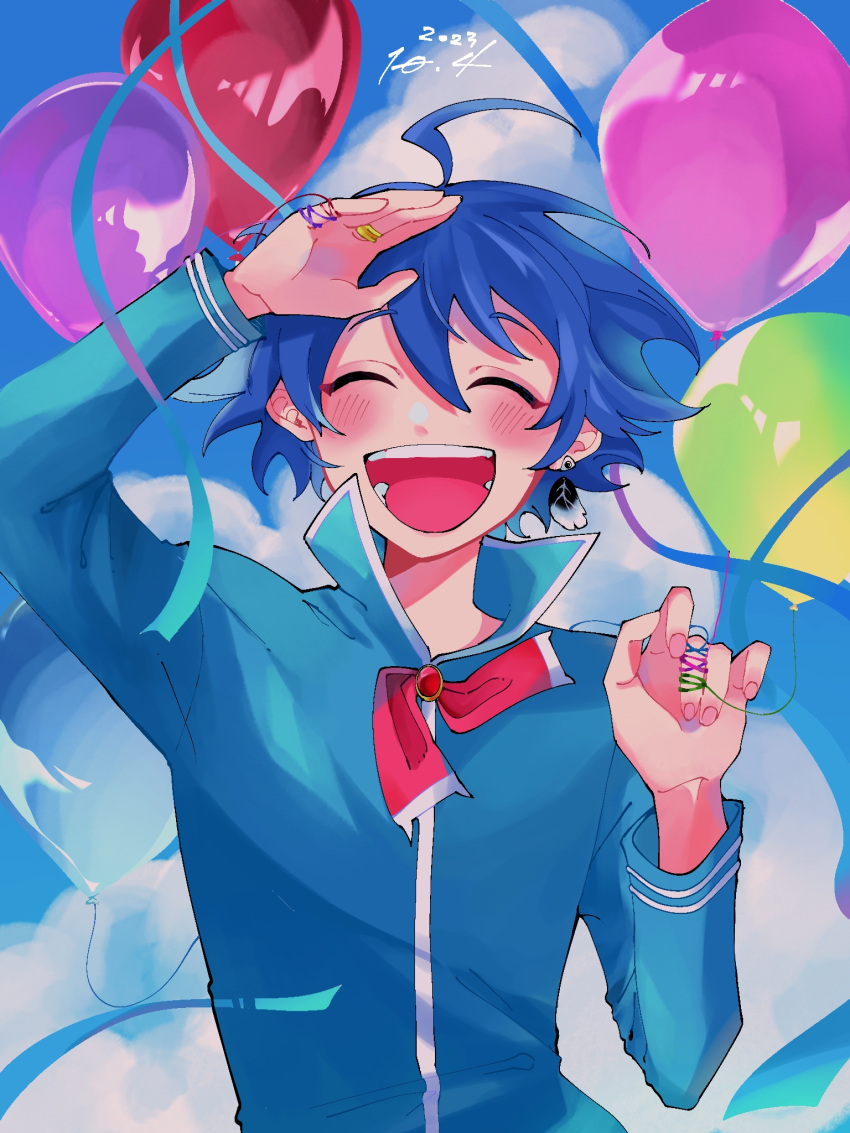 1boy, :d, ahoge, babyls_school_uniform, balloon, blue_hair, blue_ribbon, blush, clouds, dated, day, earrings, facing_viewer, hand_up, happy, highres, jewelry, long_sleeves, mairimashita!_iruma-kun, male_focus, mim_6q, outdoors, ribbon, ring, school_uniform, single_earring, smile, suzuki_iruma