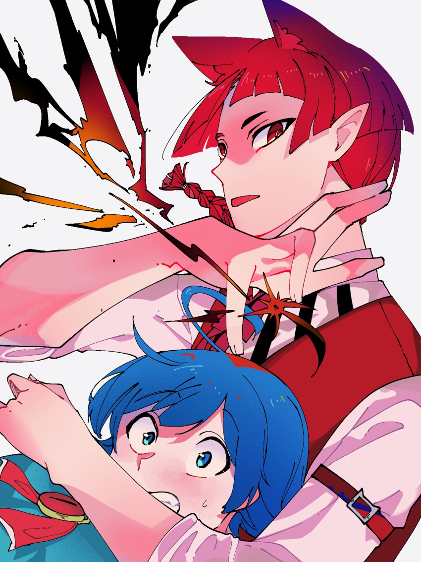 1boy, 1other, ahoge, babyls_school_uniform, bad_anatomy, bad_hands, blue_eyes, blue_hair, blunt_bangs, braid, hand_up, highres, looking_at_viewer, magic, mairimashita!_iruma-kun, mim_6q, opera_(iruma-kun), red_eyes, red_hair, red_vest, school_uniform, shirt, short_hair, simple_background, suzuki_iruma, sweatdrop, vest, white_background, white_shirt