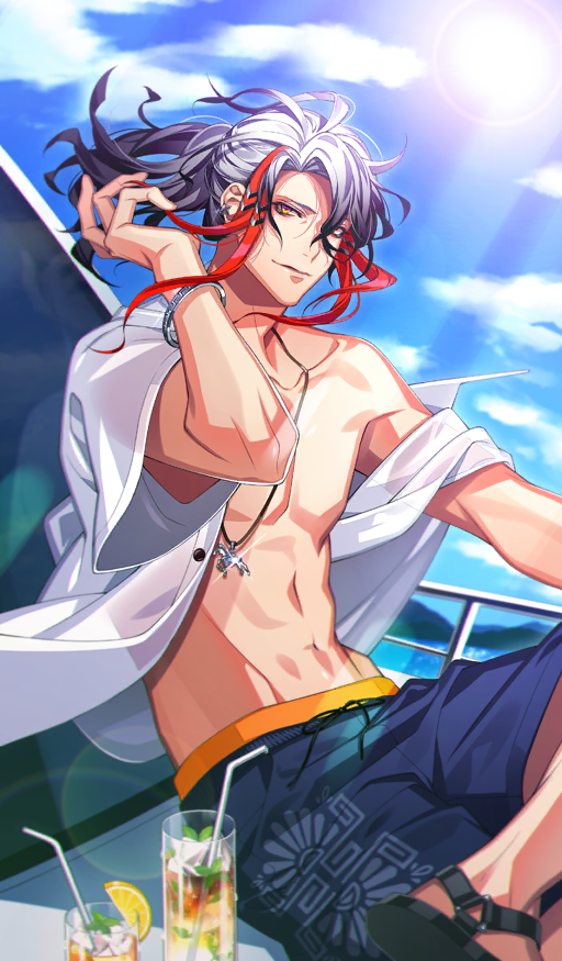 1boy, abs, black_hair, black_sandals, blue_male_swimwear, blue_sky, bracelet, buttons