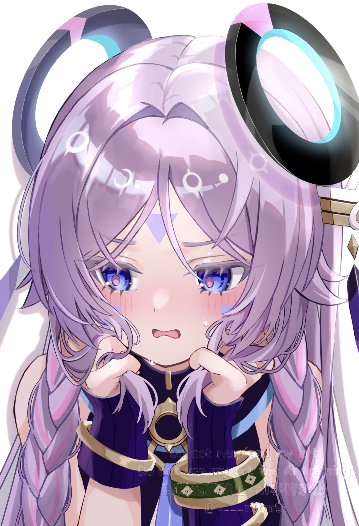 1girl, bare_shoulders, blue_eyes, blush, braid, citlali_(genshin_impact), commentary_request, facial_mark
