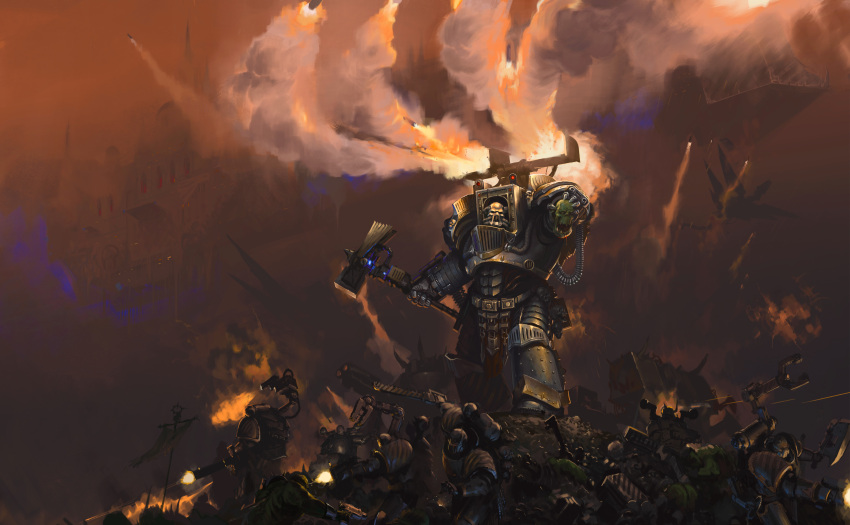 absurdres, adeptus_astartes, ammunition_belt, architecture, arm_mounted_weapon, armor, armored_boots, army