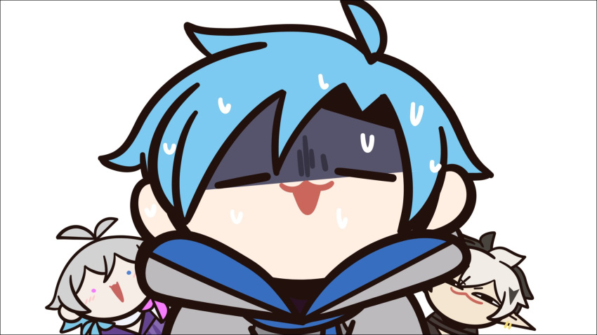 3boys, :3, ahoge, antenna_hair, black_hair, blue_eyes, blue_hair, chibi