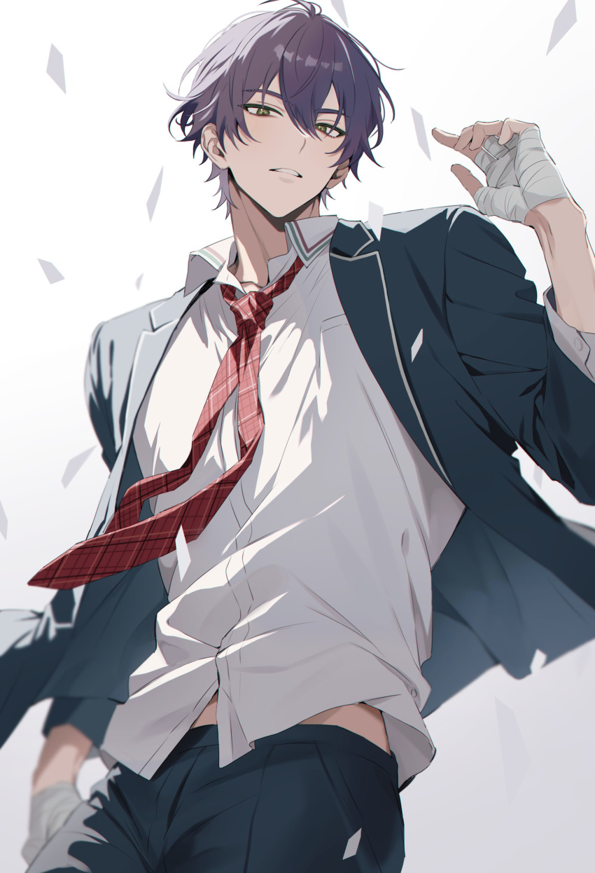 1boy, absurdres, arm_up, bandaged_hand, bandages, black_jacket, black_pants, brown_eyes