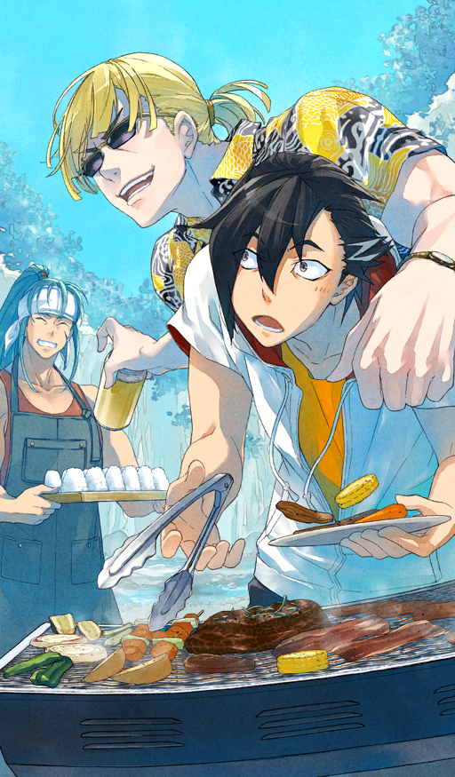3boys, arm_on_another's_shoulder, bacon, bare_arms, black_hair, blonde_hair, blue_sky, can