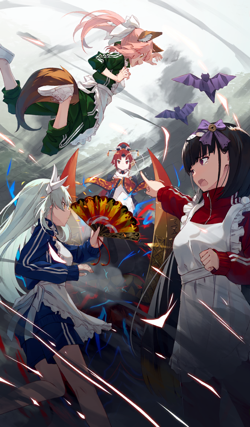4girls, animal_ear_fluff, animal_ears, apron, bat_(animal), battle, beni-enma, black_hair