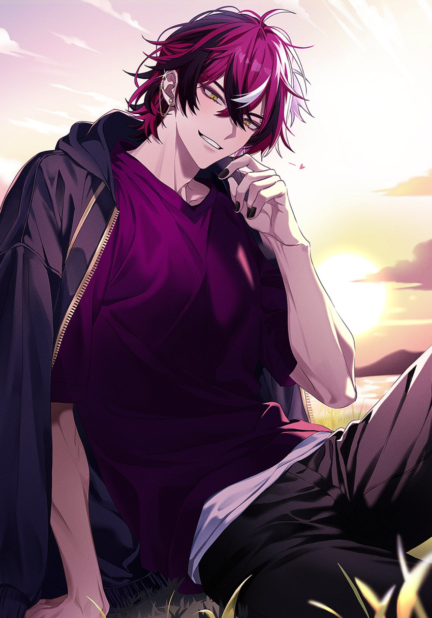 1boy, arm_up, black_hair, black_jacket, black_nails, black_pants, clouds, crew_neck