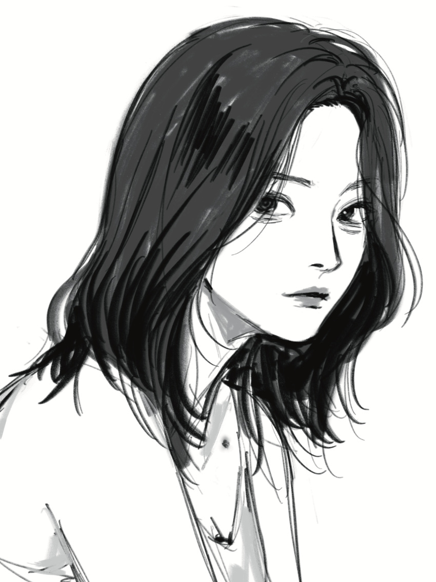 1girl, asian, bags_under_eyes, bare_shoulders, camisole, chinese_commentary, commentary_request, expressionless, forehead, friendly_rivalry, greyscale, highres, injury, lips, looking_to_the_side, medium_hair, monochrome, nose, parted_bangs, portrait, simple_background, siy_(shengxiu760722), solo, three_quarter_view, white_background, woo_seul-gi