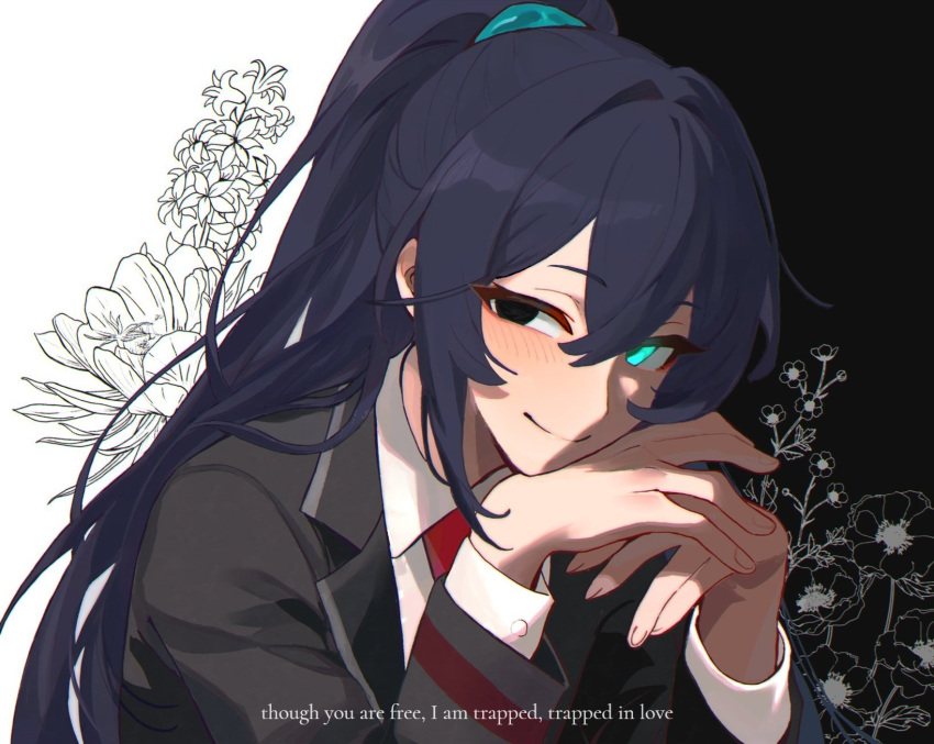 anemone_(flower), buttercup_(flower), epiphyllum, eye_black, flower, hair_tie, hands_under_chin, heterochromia