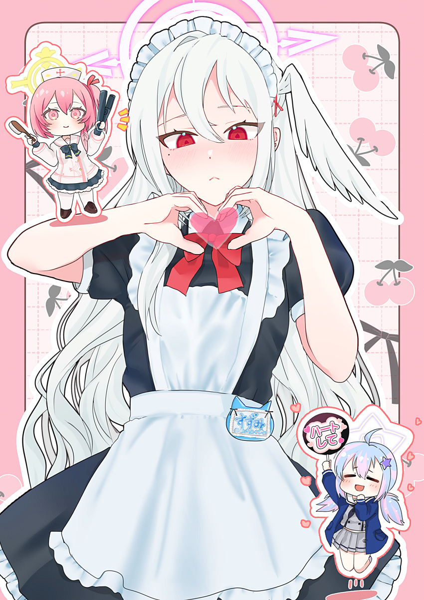 3girls, :<, :d, =_=, absurdres, ahoge, alternate_costume, apron