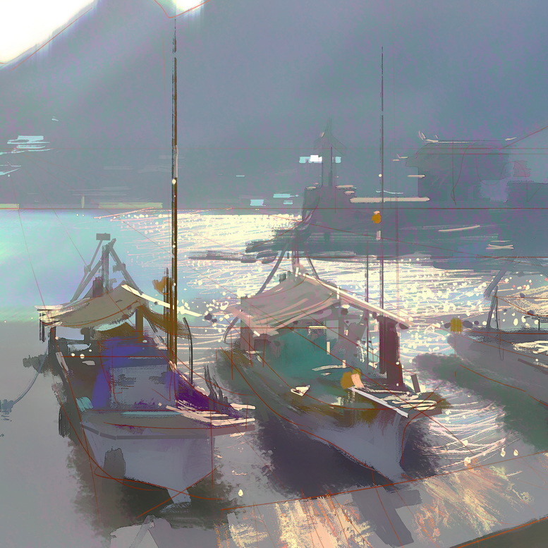 boat, dock, glint, japan, mountain, nathan_fowkes, no_humans, original