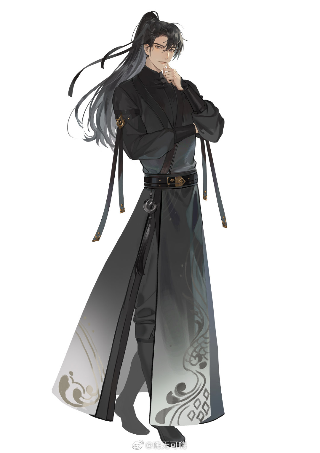 1boy, black_boots, black_hair, black_hanfu, black_pants, black_ribbon, black_sash, boots
