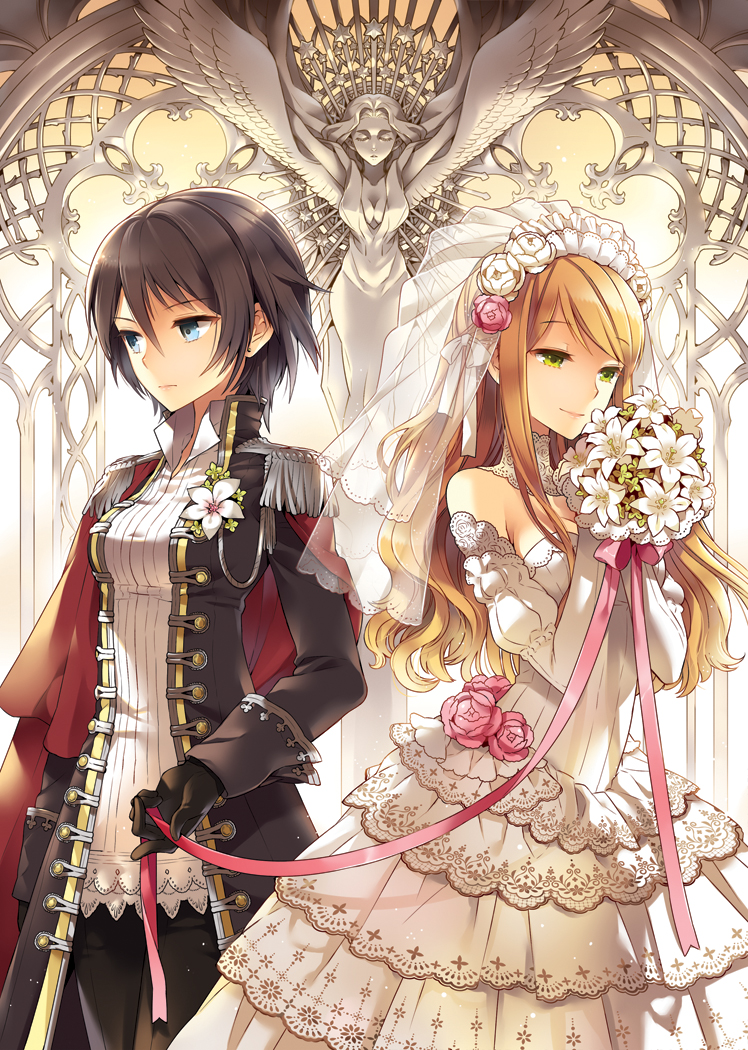 black_hair, blonde_hair, blue_eyes, bouquet, cape, dress, earrings, elbow_gloves